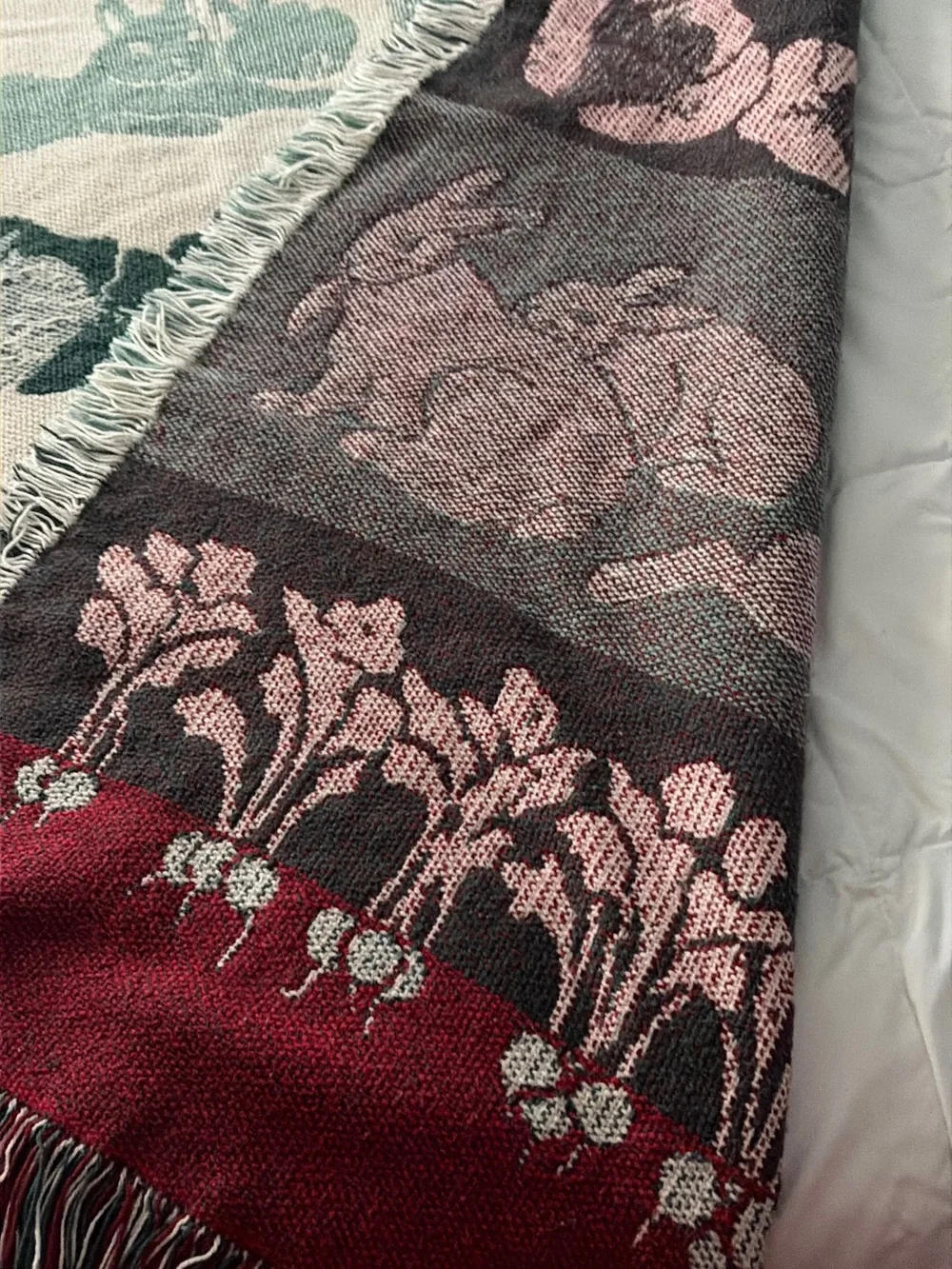 Rabbit & vegetable Cotton fringe edge Throw Blanket in Mint and Coral